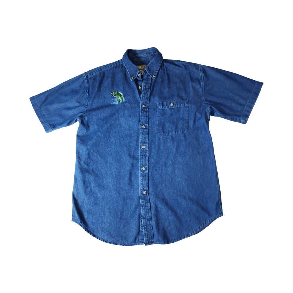 Sun River Mens Blue Denim Bass Fish Embroidered Short Sleeve Shirt Medium